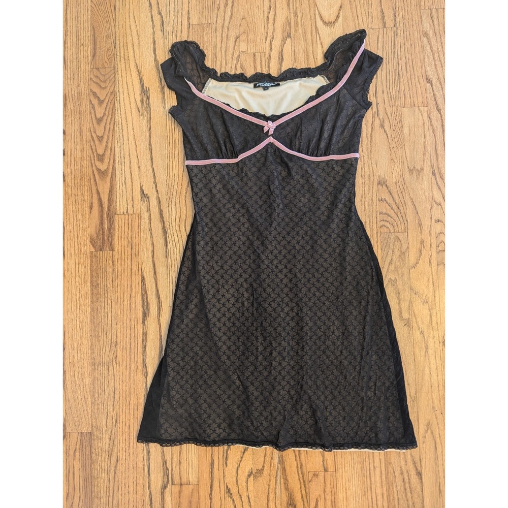 Vintage Betsey Johnson Sheer Black Mesh Dress L Velvet Bow Y2K Whimsigoth USA